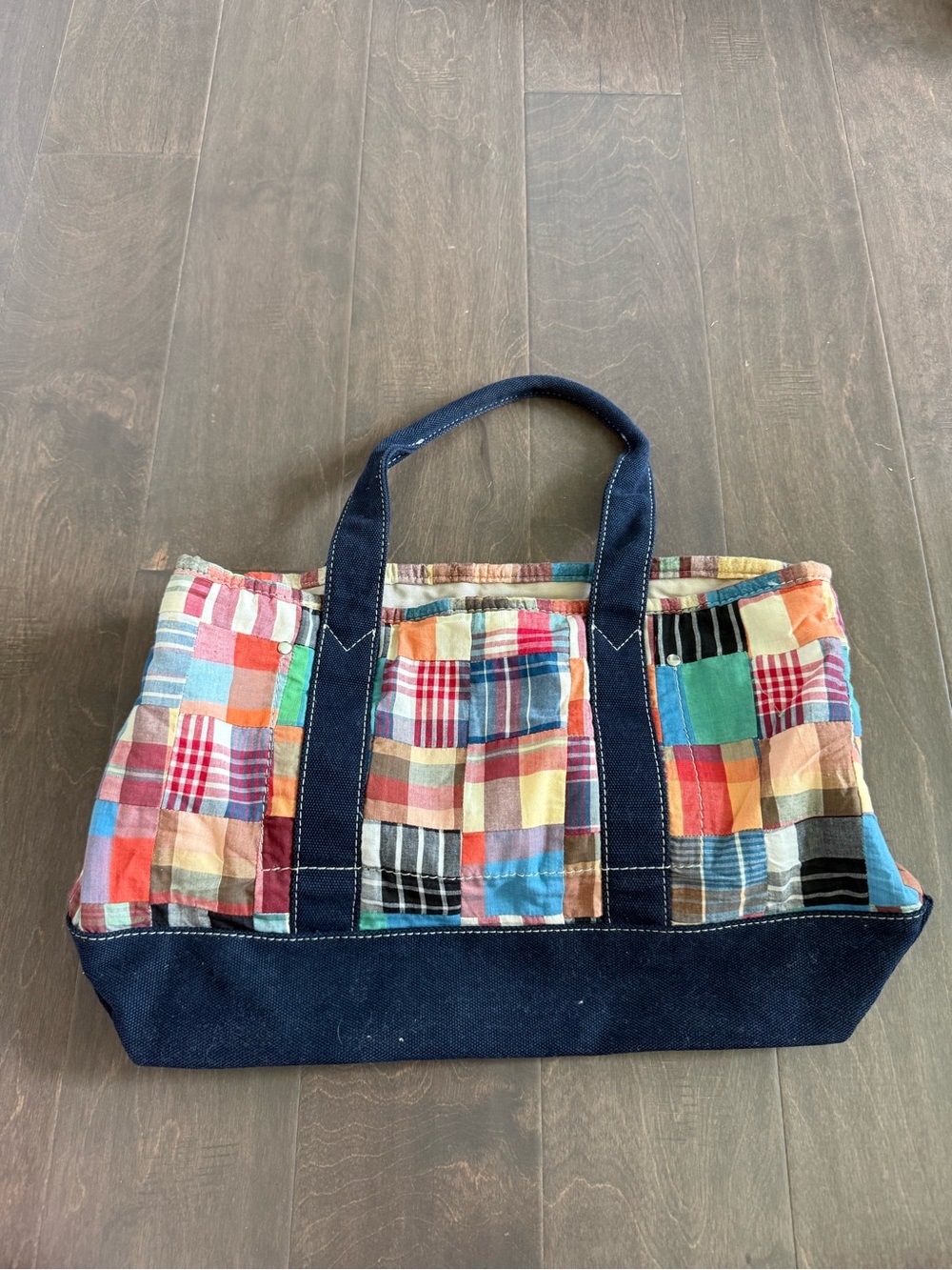 J Crew Patchwork Multicolor Plaid Canvas Tote Bag with Navy Trim